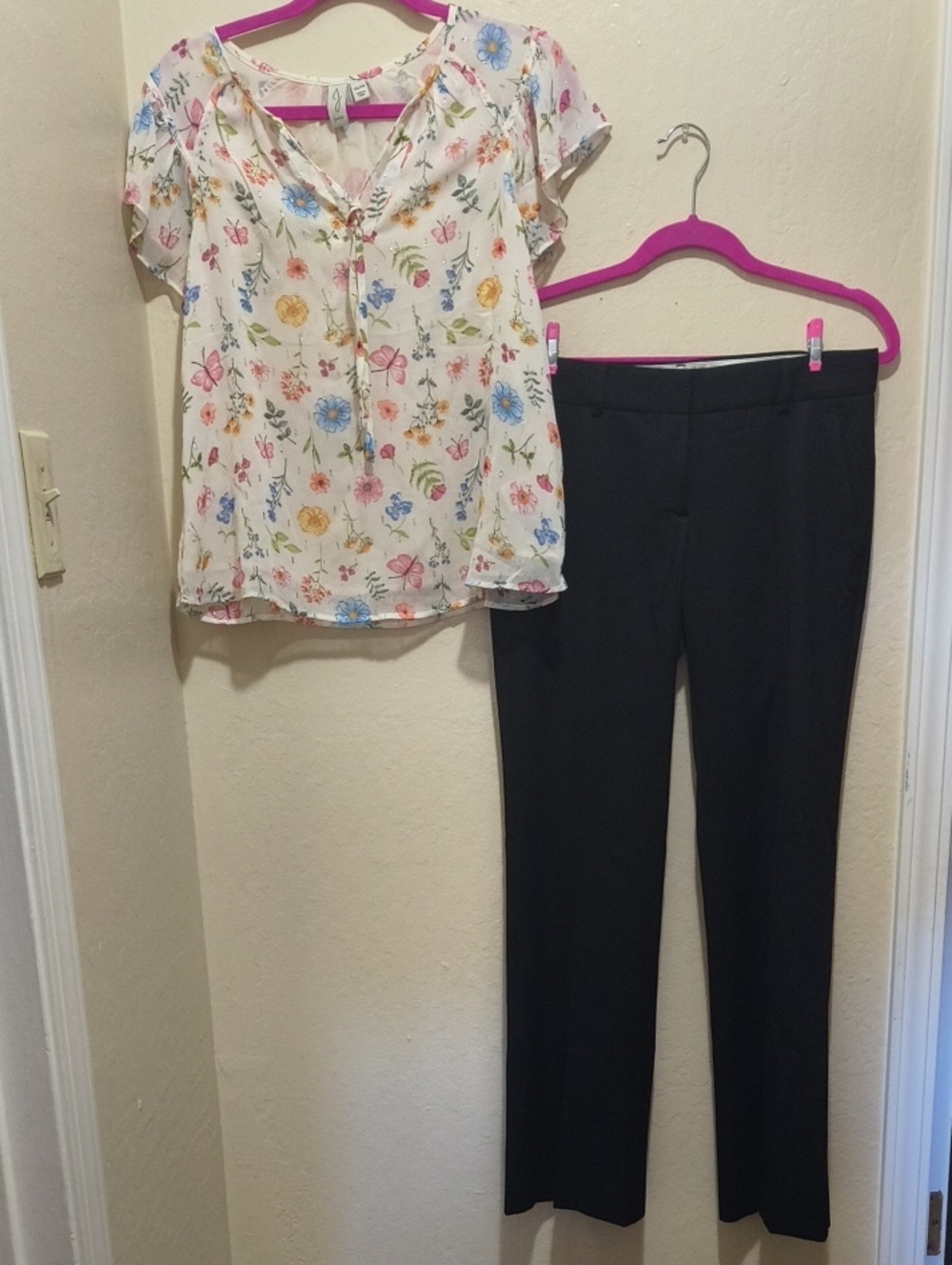 Theory Black Dress Trousers with Cream Floral Blouse